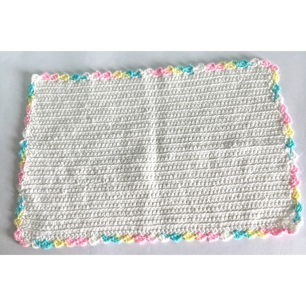 Crochet Blanket for dolls or doll bed Homemade White Rainbow trim 20"x13"